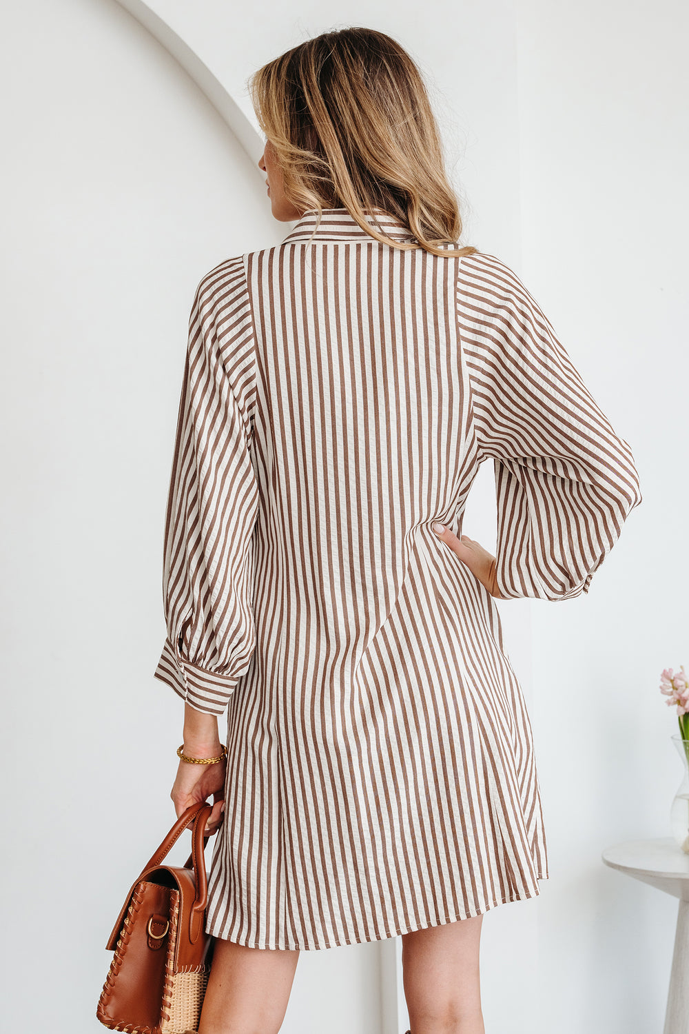 Knot Waist Puff Sleeve Button Down Mini Shirt Dress