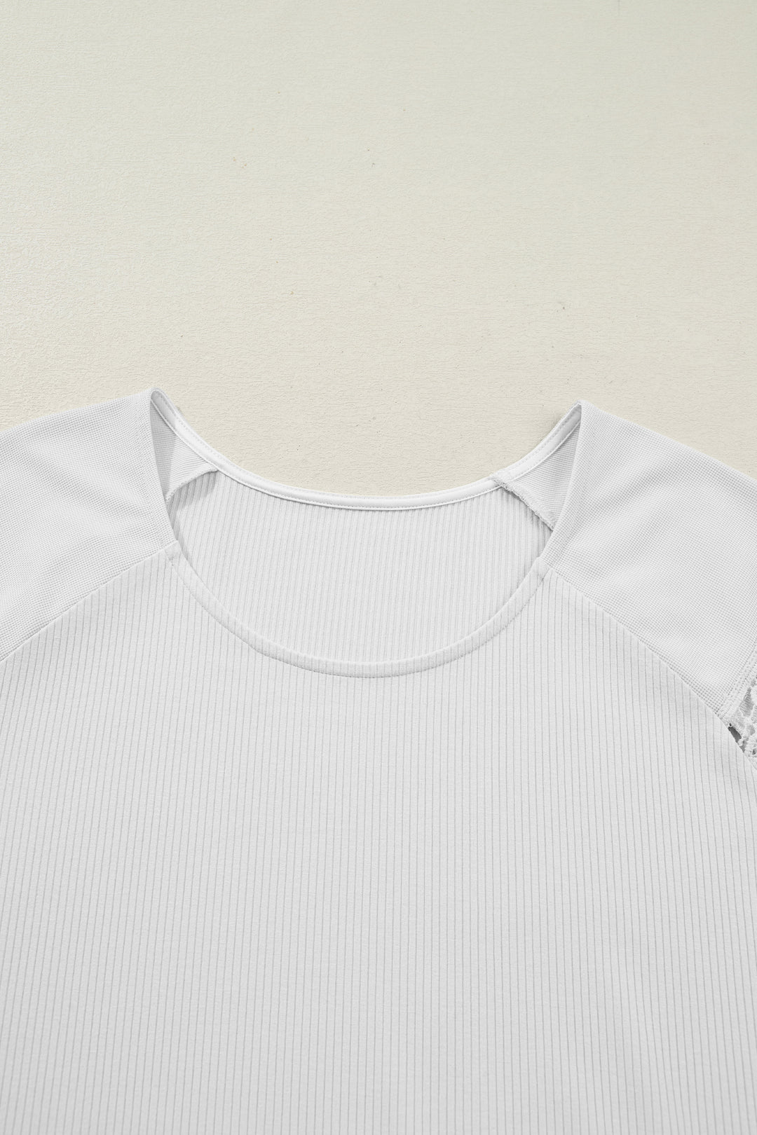 White Ribbed Lace Patchwork Short Sleeve Top