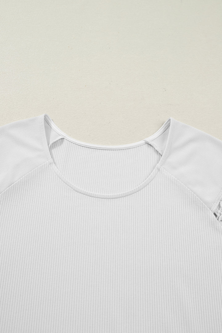 White Ribbed Lace Patchwork Short Sleeve Top