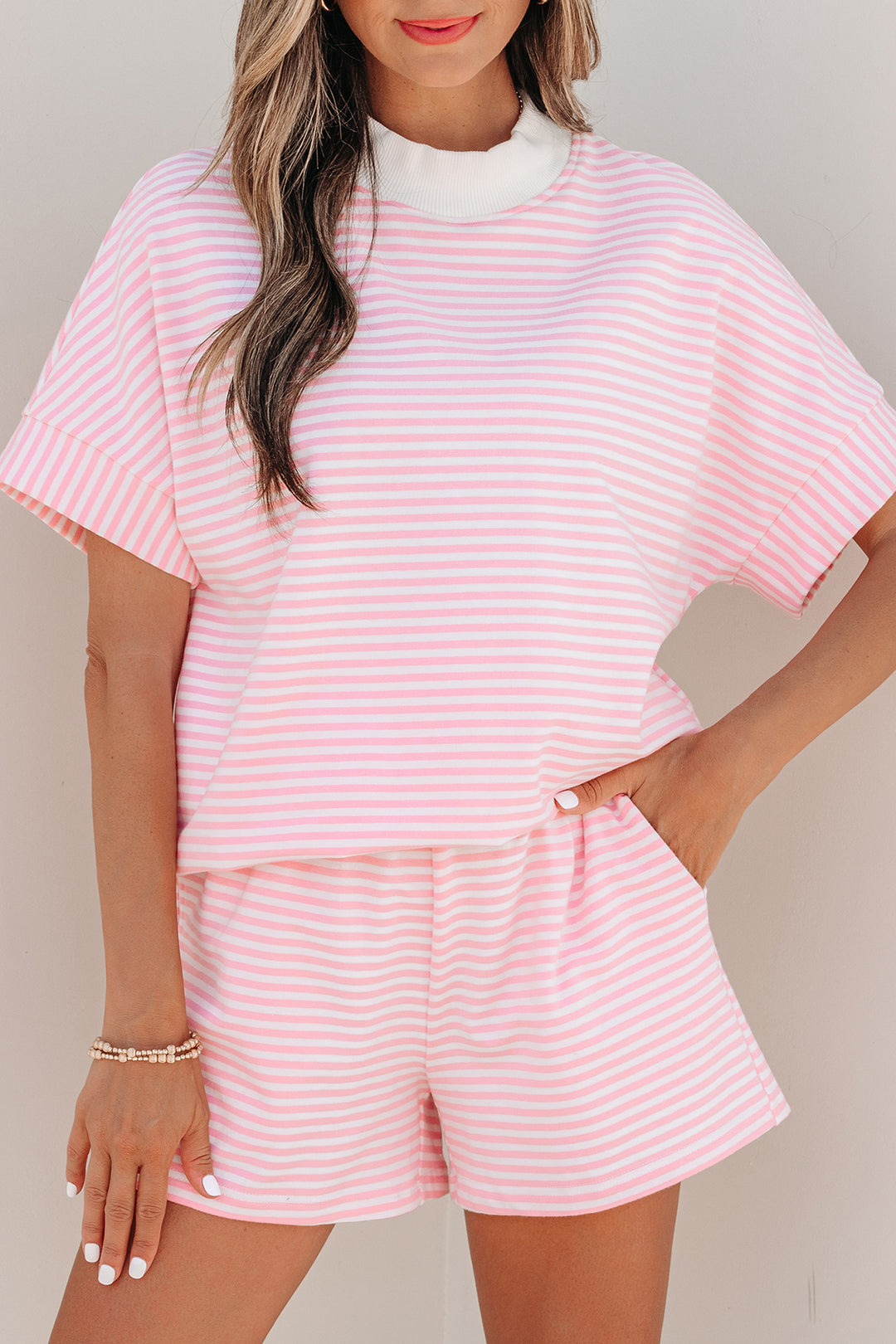 Pink Stripe Cuffed Sleeve Contrast Mock Neck Tee Casual 2pcs Short Set