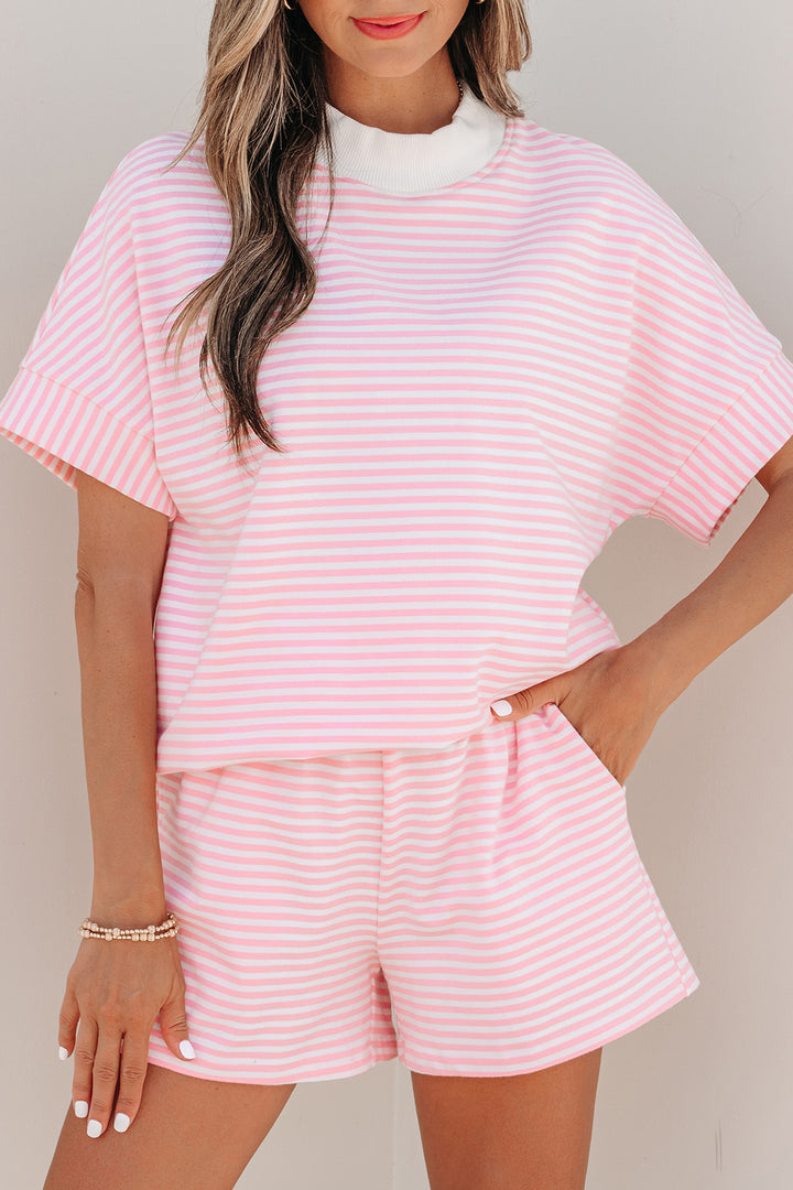 Pink Stripe Cuffed Sleeve Contrast Mock Neck Tee Casual 2pcs Short Set
