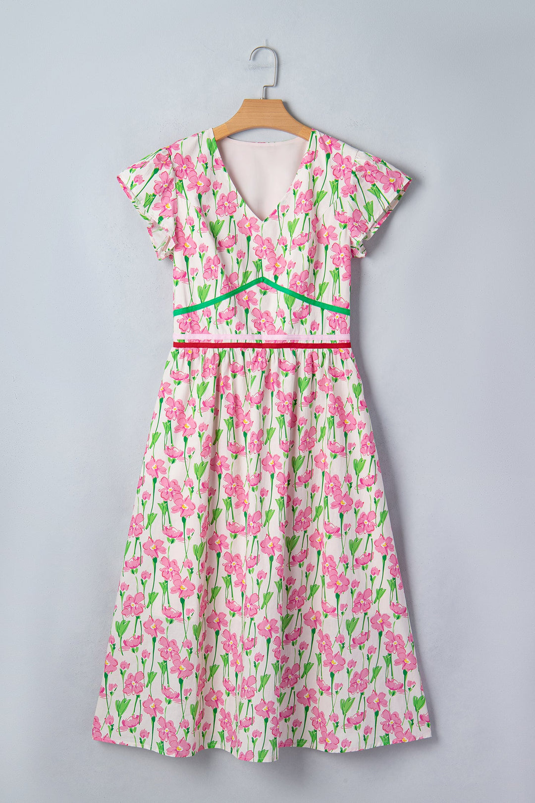 Pink Floral Print Contrast Trim V Neck Short Sleeve Elegant Midi Dress