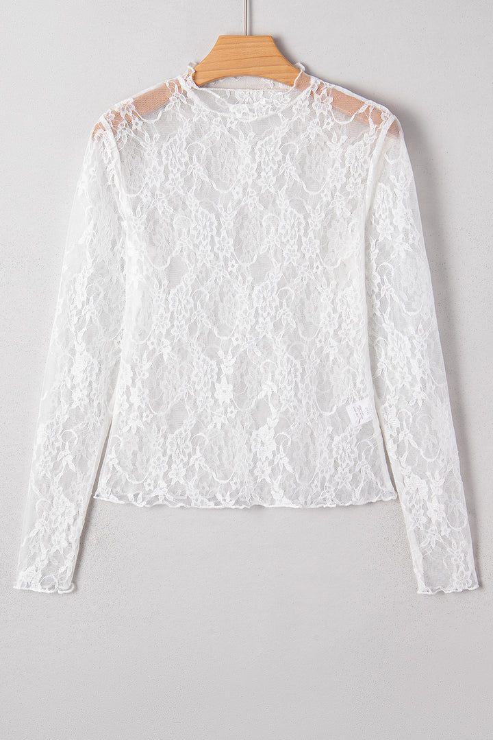 Sheer Lace Mesh Mock Neck Slim Fit Long Sleeve Top