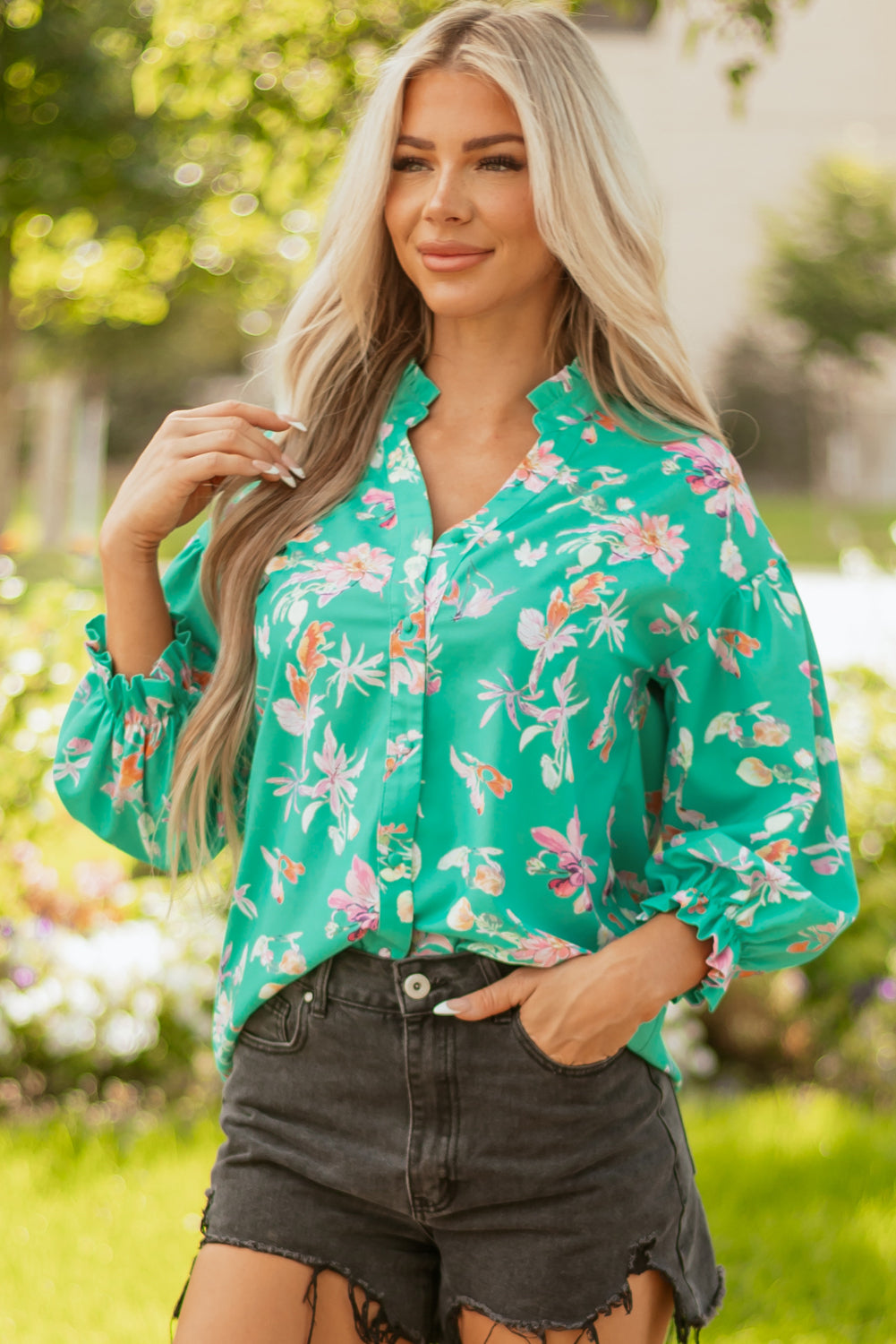Floral Lantern Sleeve Button Front Shirt