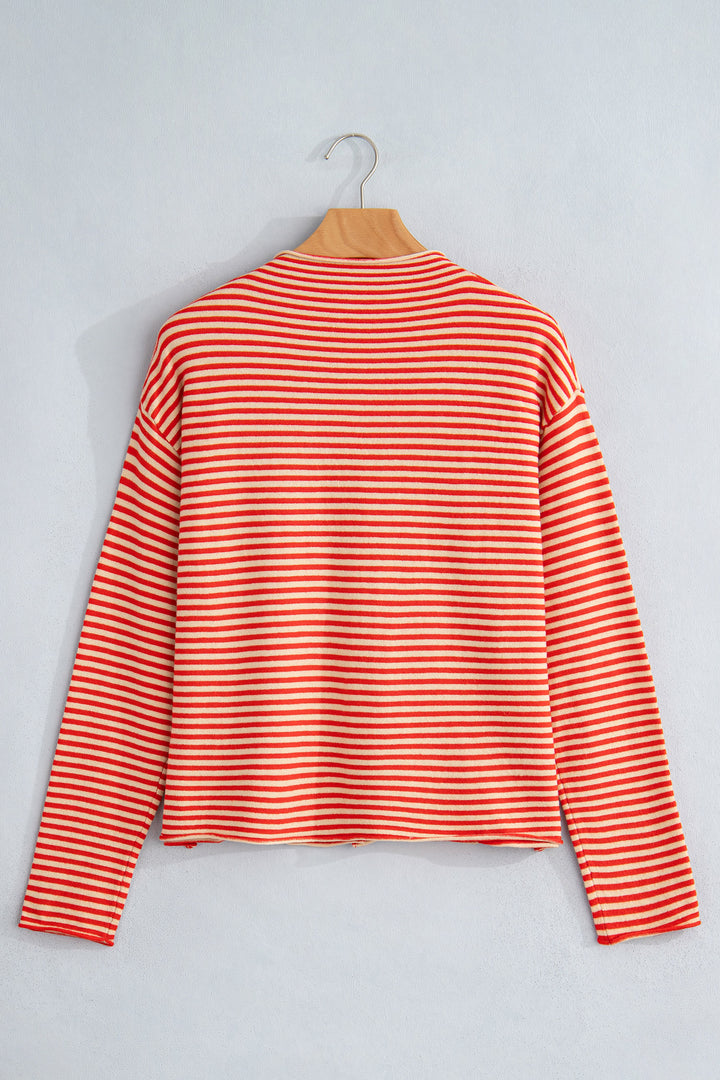 Red Stripe Striped Button Collar Long Sleeve Knit Cardigan