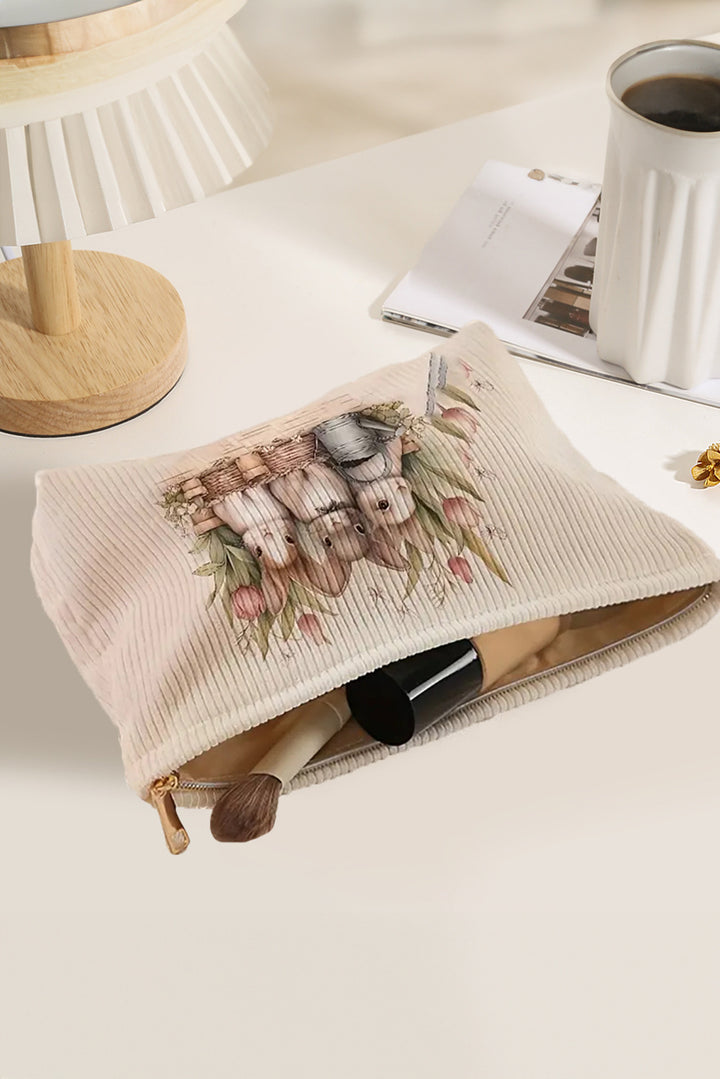 Eater Bunny Print Corduroy Zipper Cosmetic Bag