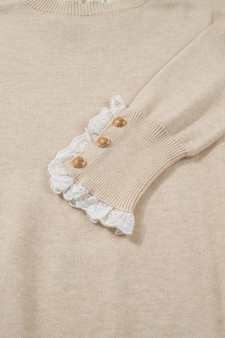Lace Trim Patchwork Buttoned Cuffs Loose Sweater