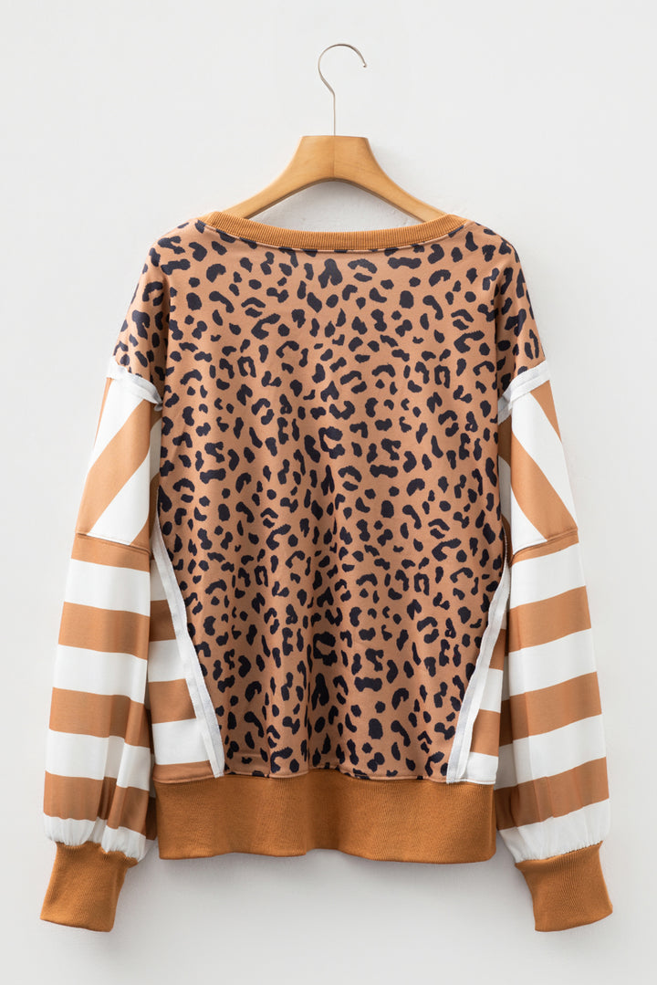 Color Block Patchwork Leopard Casual Sweatshirt with Slits