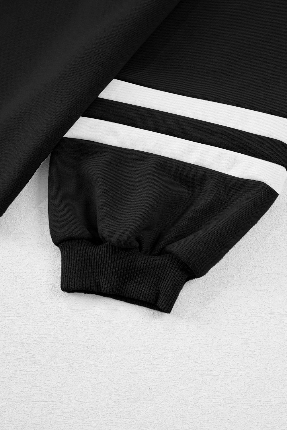 Black Varsity Stripe Patchwork Puff Sleeve Pullover Drawstring Wide Leg Pant Set