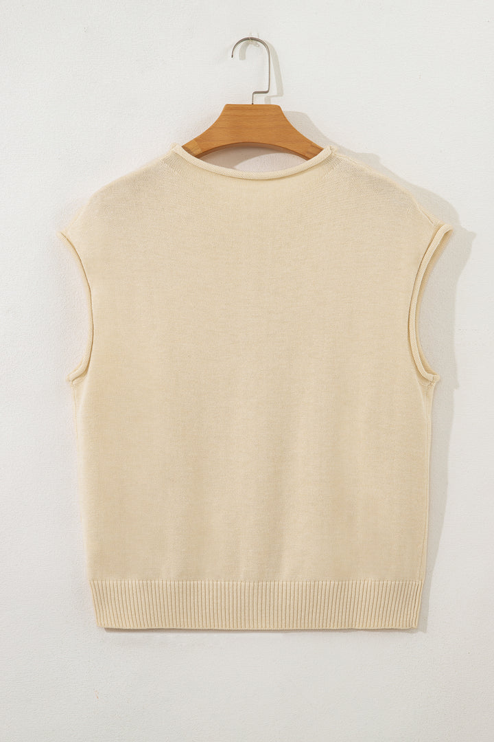Buttoned Front Rolled Hem Cap Sleeve Sweater Top