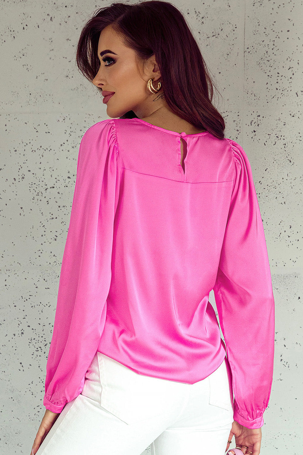 Satin Puff Long Sleeve Crewneck Blouse