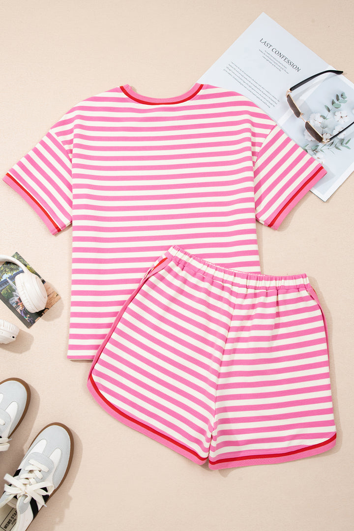 Pink Stripe Contrast Trim Short Sleeve Top Loose Shorts 2pcs Casual Outfit