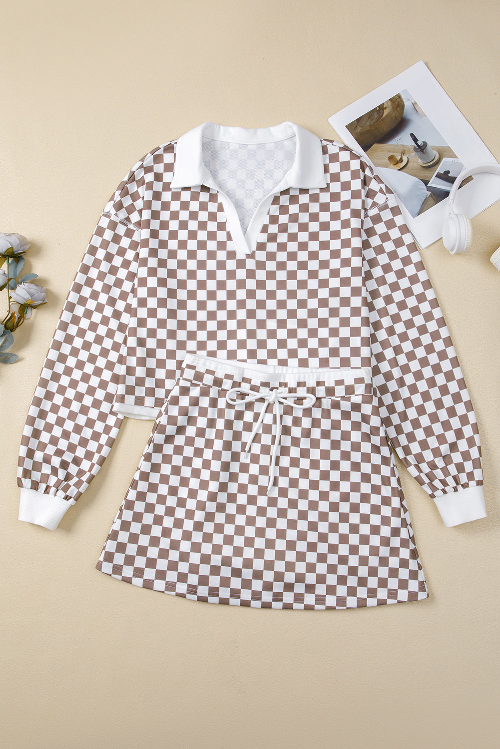 Khaki Checkered Print Polo Collar Cropped Top Drawstring Mini Skirt Set