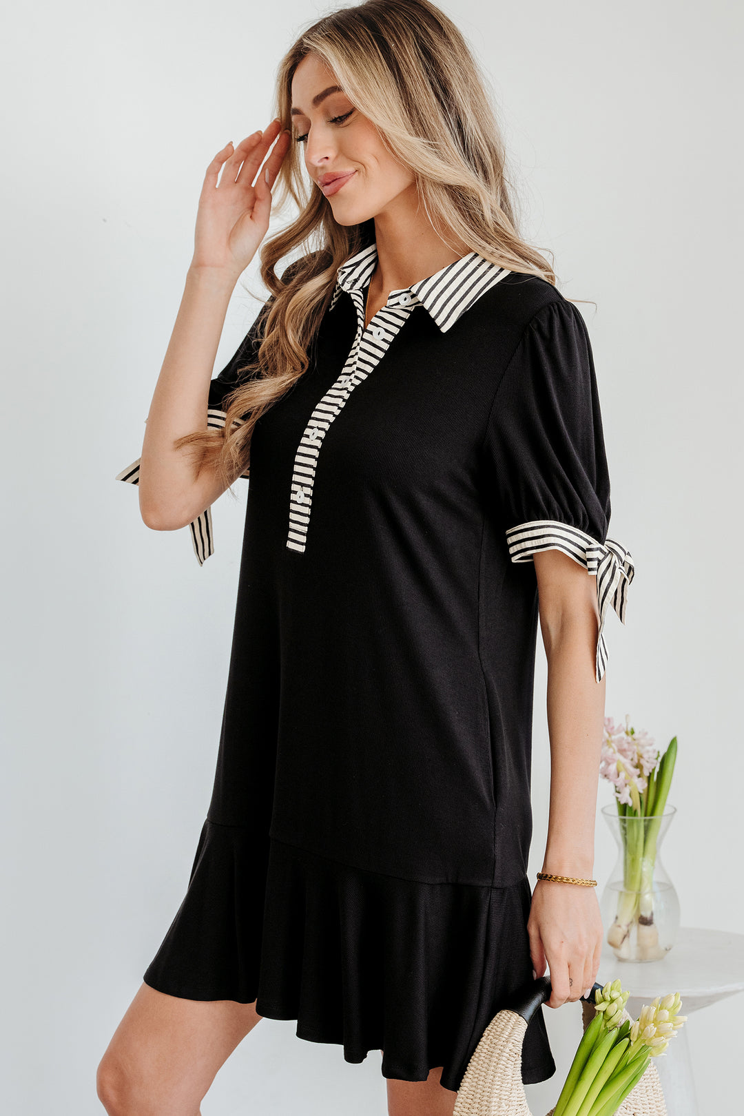 Stripe Detail Polo Collar Half Buttons Tied Short Sleeve Shift Mini Dress