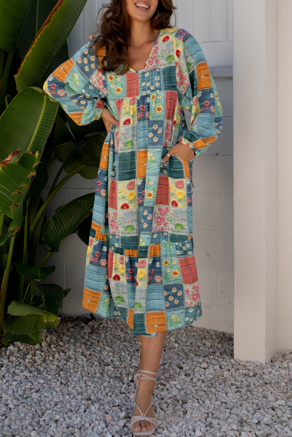 Mix Floral Checkered Pattern Bubble Sleeve Ruffle Hem Dress