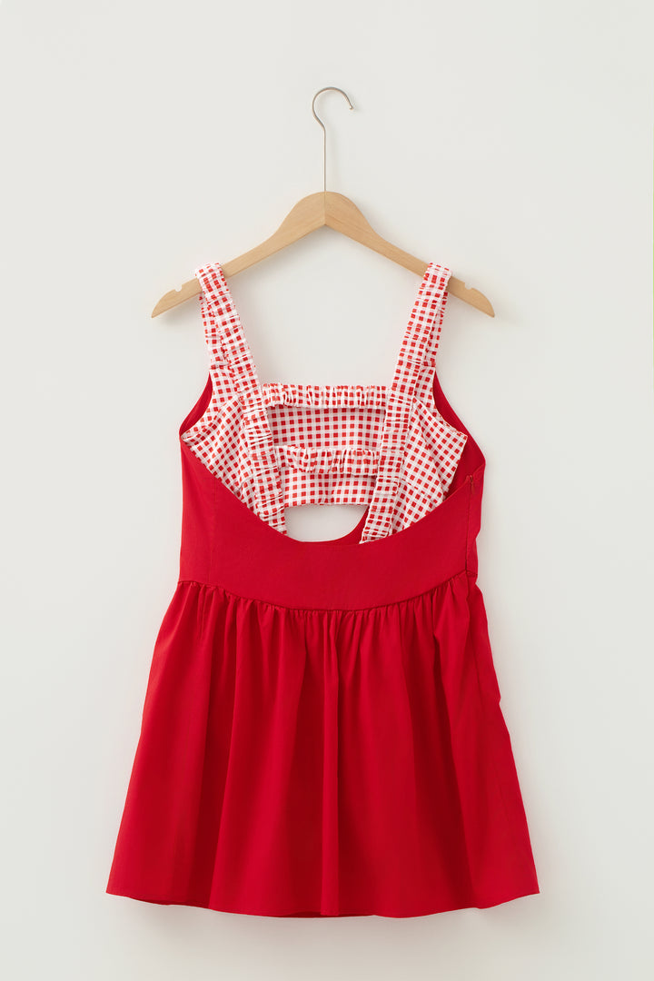 Red Faux Two Piece Gingham Contrast Patchwork Loose Mini Dress