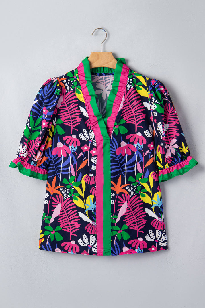 Rose Floral Print Frilled Contrast Striped Trim V Neck Short Sleeve Blouse