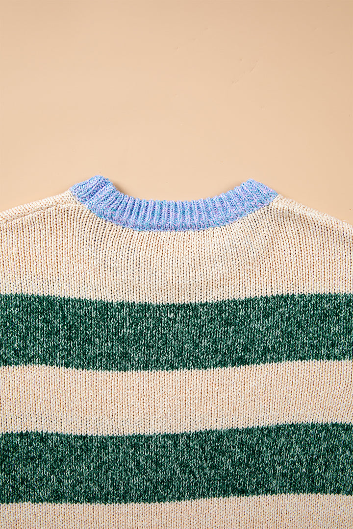 Green Stripe Colorblock Drop Shoulder Pullover Sweater