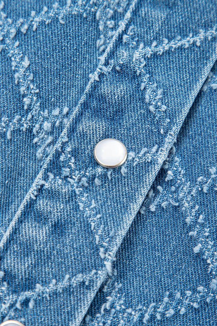 checkered textured short sleeve patched pocket denim shirt