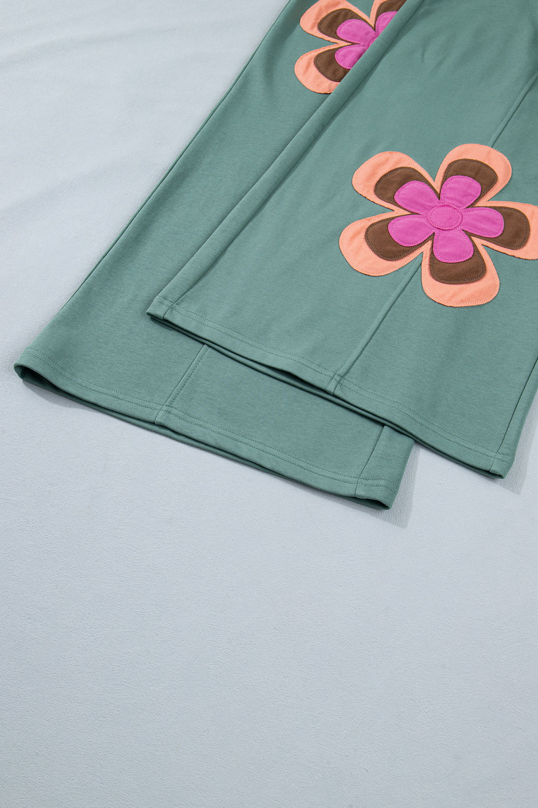 Sea Green Color Block Flower Patchwork Drawstring Contrasted Elastic Waist Wide Leg Pants