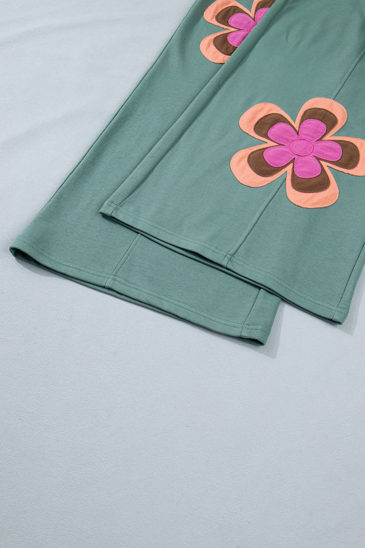 Sea Green Color Block Flower Patchwork Drawstring Contrasted Elastic Waist Wide Leg Pants
