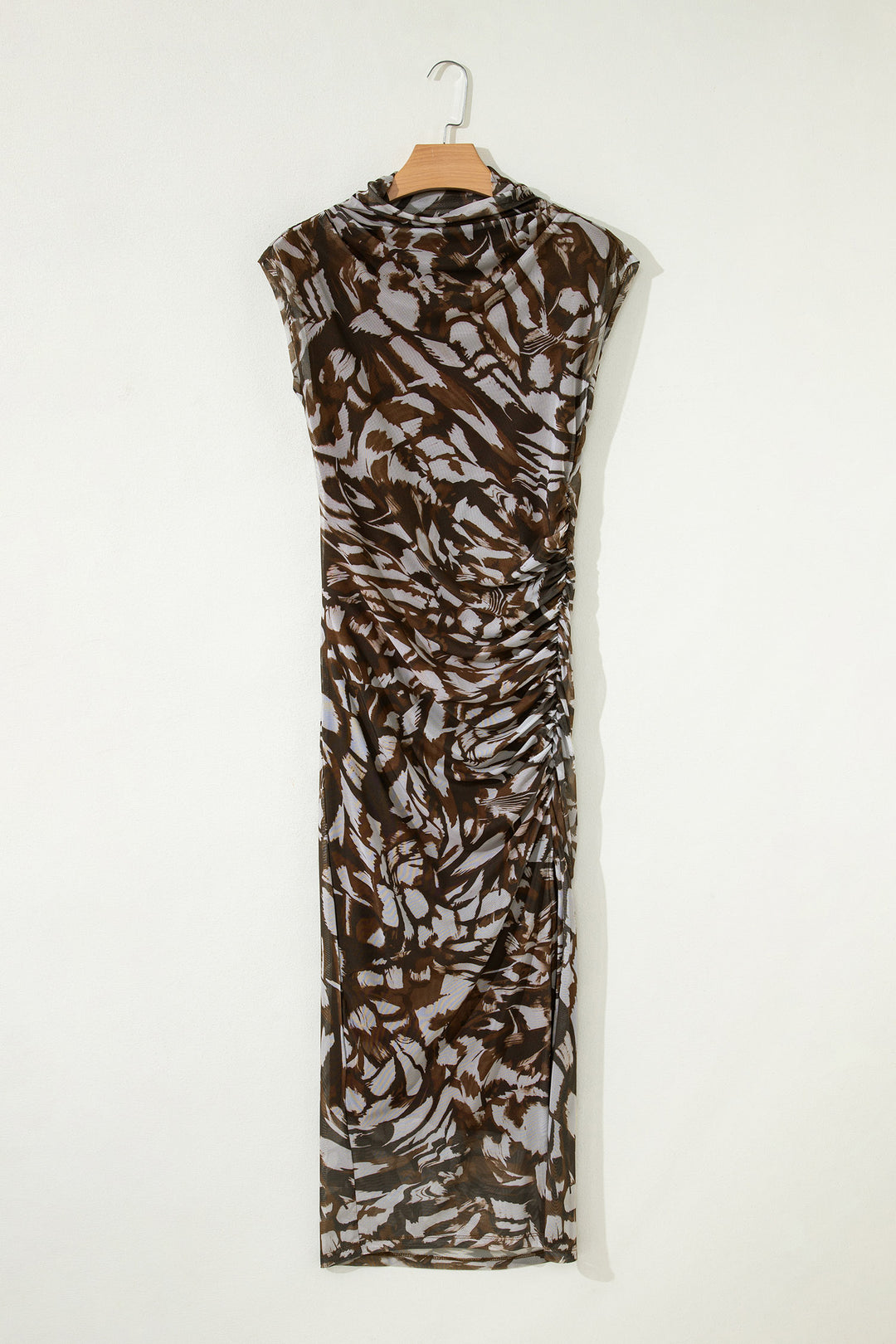 Abstract Print Mesh Cowl Neck Cap Sleeve Ruched Midi Dress with Slit