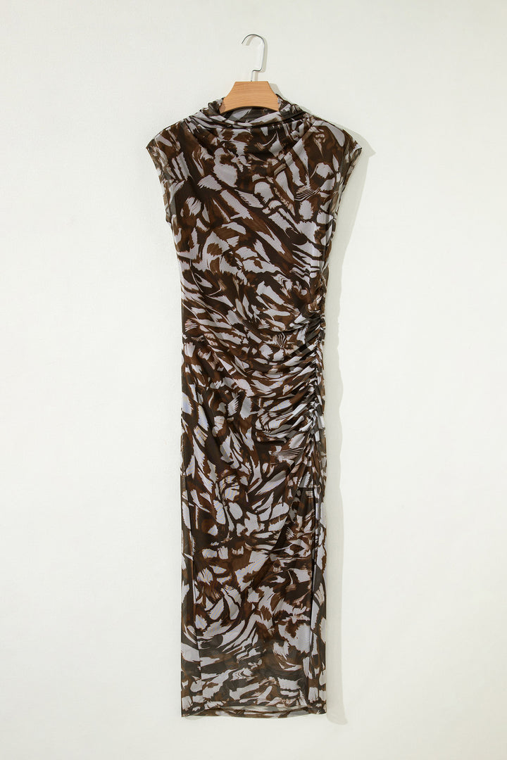 Abstract Print Mesh Cowl Neck Cap Sleeve Ruched Midi Dress with Slit