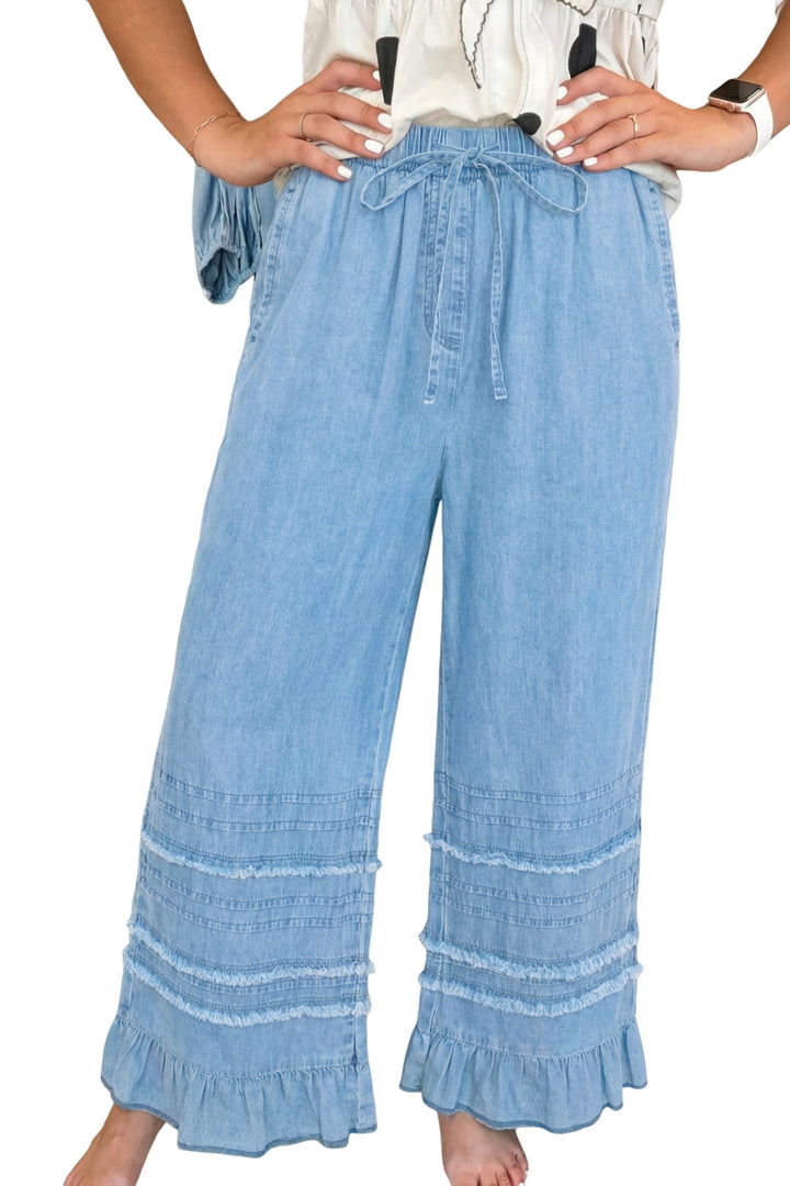 Casual Beau Blue Ruffled Hem Wide Leg Chambray Pants