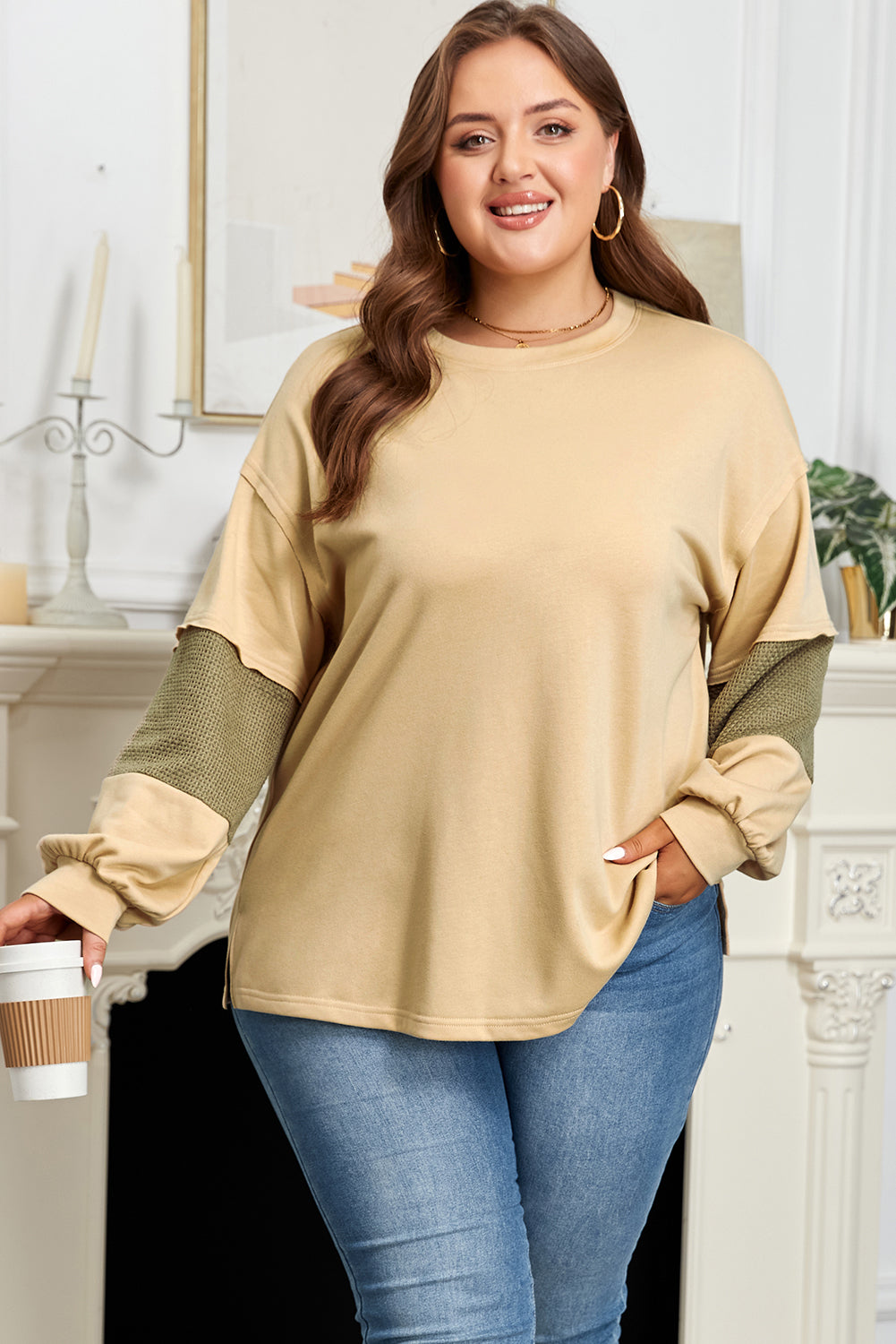 Laurel Green Exposed Seam Contrast Texture Patchwork Plus Size Drop Shoulder Pullover