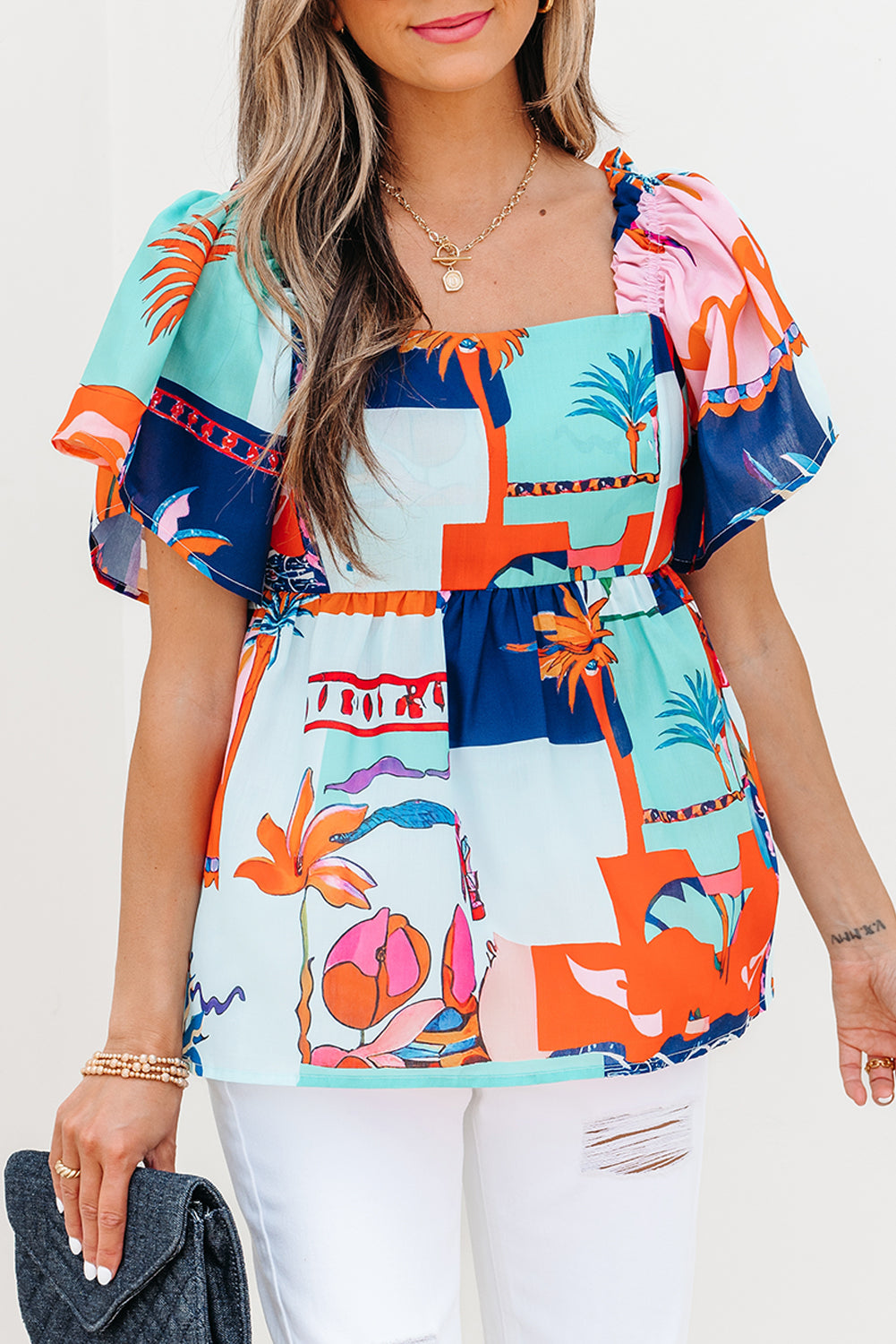 tropical printed square neck flutter sleeve babydoll blouse