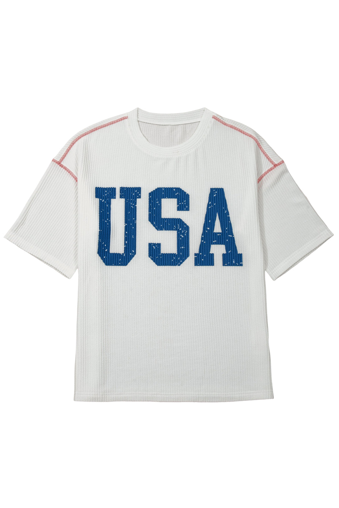 White USA Graphic Half Sleeve Loose Ribbed Top