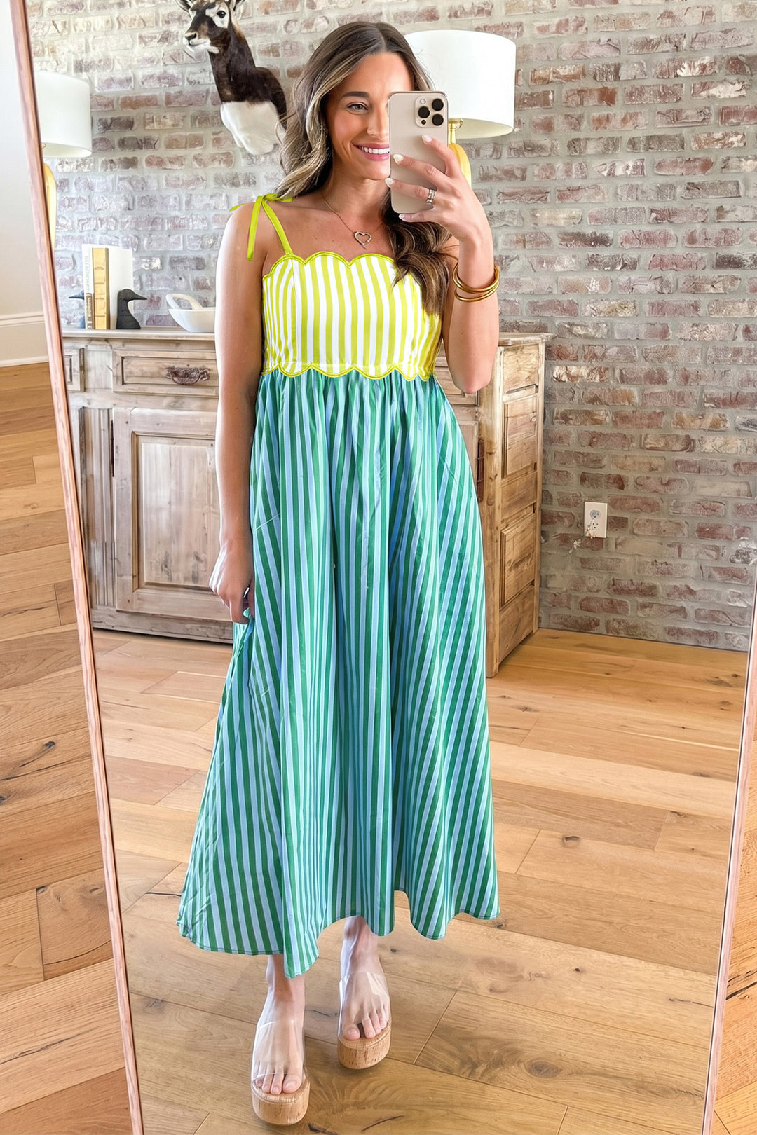 Green Stripe Knot Strap High Waist Maxi Dress