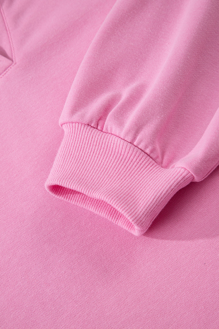 Bright Pink Polo Collar Pullover and Drawstring Sweatpants Set