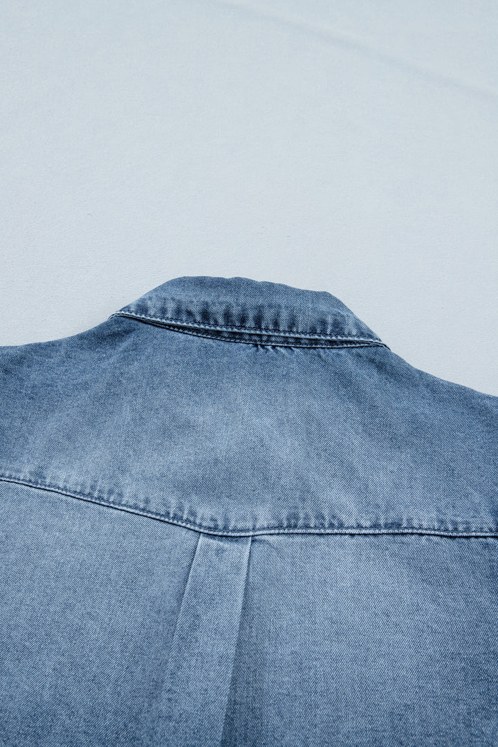 Beau Blue Frilled Short Sleeve Snap Button Denim Shirt
