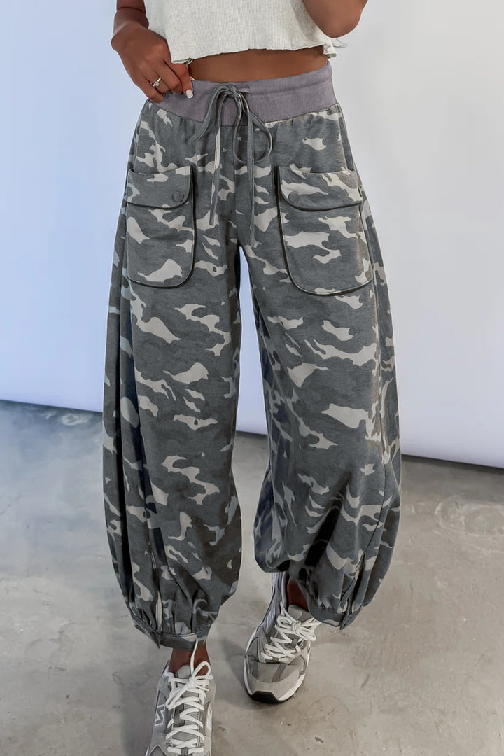 Multicolour Drawstring Contrast Waistband Camouflage Joggers Pants