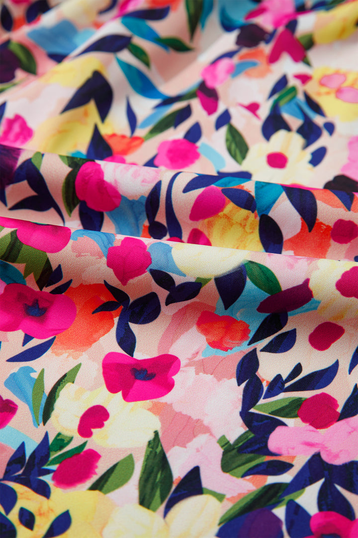 Pink Flower Print Frilled Collar Short Puff Sleeve Summer Blouse