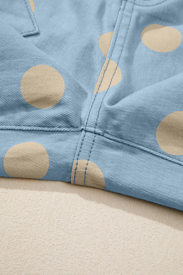 Sky Blue Polka Dot Print Bow Detail Pocketed Barrel Jeans