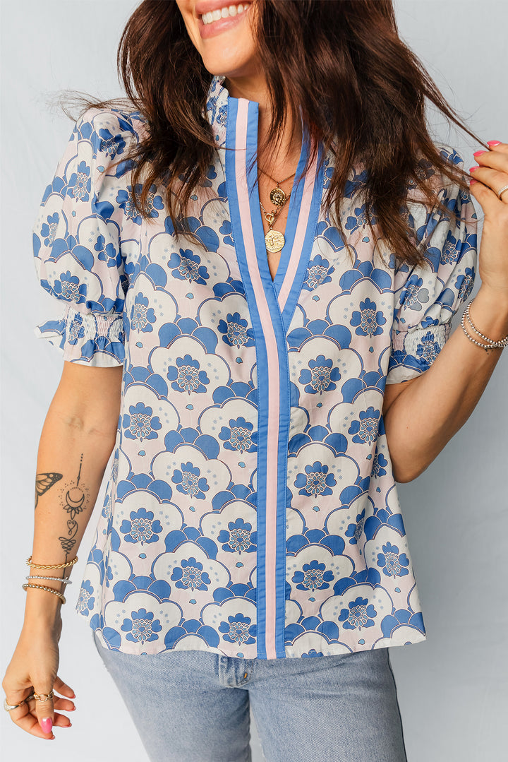 Floral Print Flounced Short Sleeve Contrast Trim V Neck Blouse