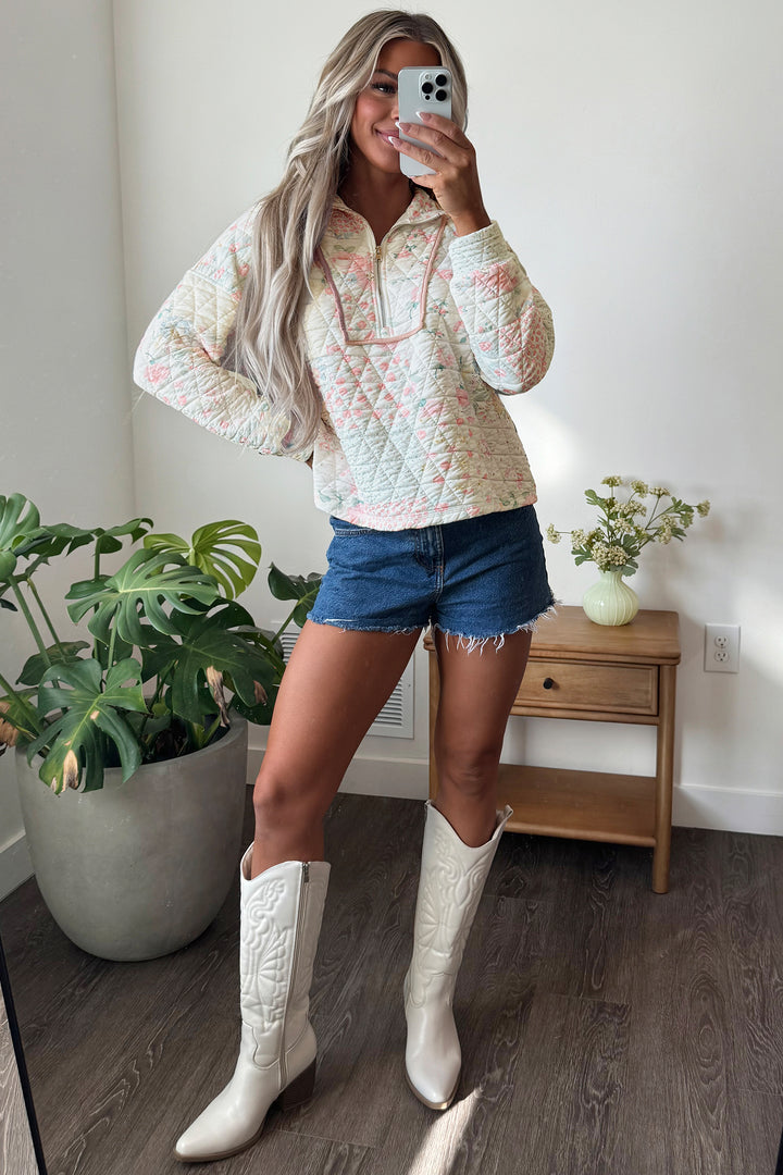 Multicolour Floral Quilted Metal Zipper Collar Long Sleeve Sweatshirt