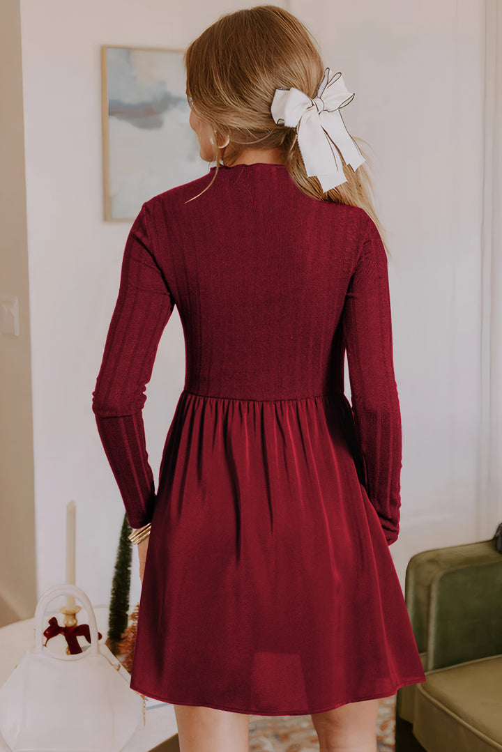 Red Dahlia Frilled Neck Ribbed Knit Long Sleeve Mini Dress