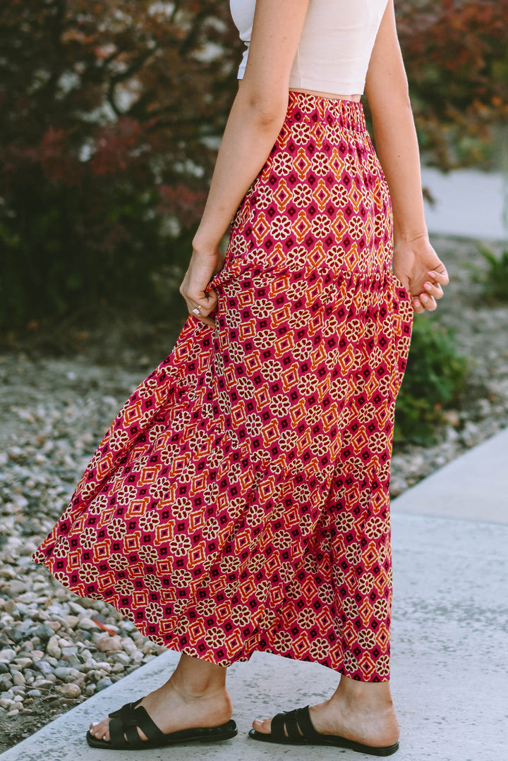 Vintage Boho Floral Print Tiered Maxi Skirt