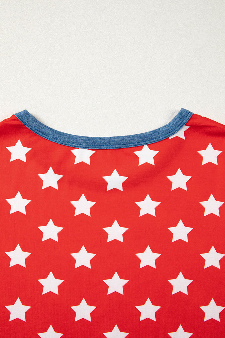 Red Stars Print Colorblock Binding Tape Collar Cuff Viscose Tunic Top