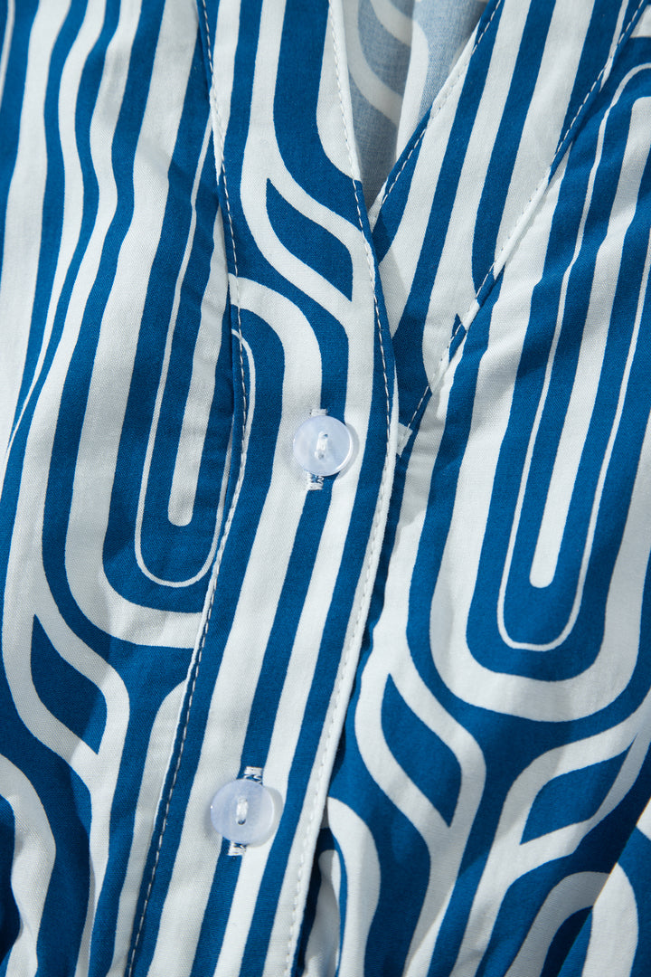 Blue Geometric Print Short Sleeve Shirt Collar Dress