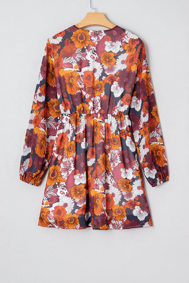 Floral Print Wrap V Neck Puff Sleeve Flowy Mini Dress