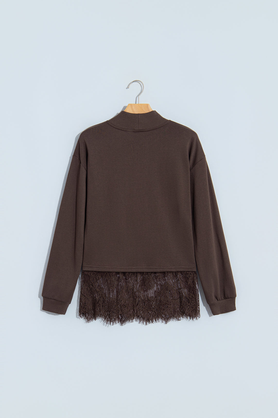 Coffee Solid Color High Neck Lace Splicing Hem Pullover Sweatshirt
