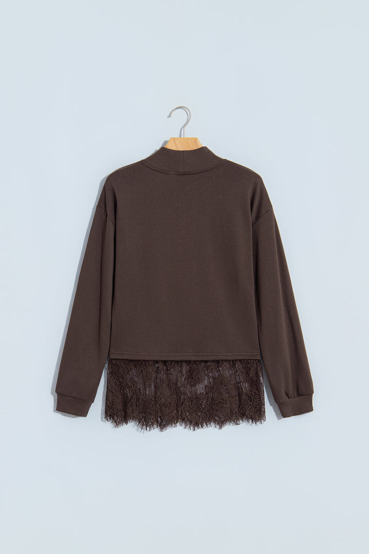 Coffee Solid Color High Neck Lace Splicing Hem Pullover Sweatshirt