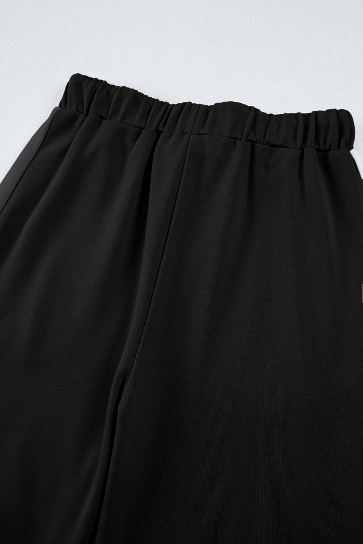 Black Varsity Stripe Patchwork Puff Sleeve Pullover Drawstring Wide Leg Pant Set