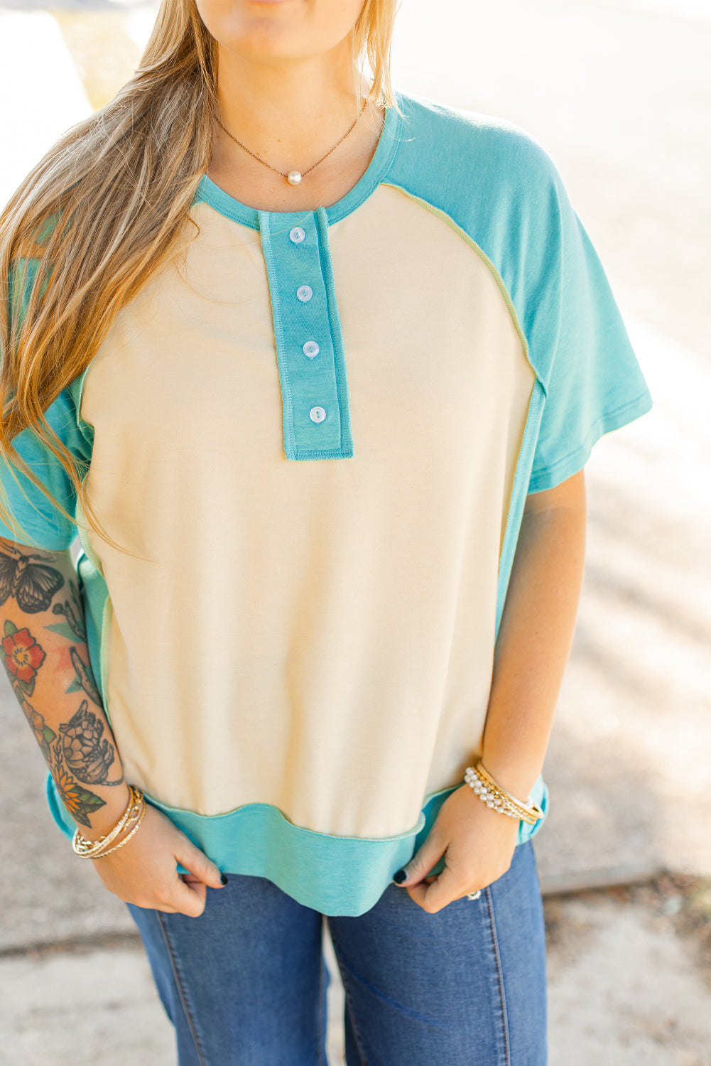 Color Block Raglan Sleeve Buttoned Plus Size T Shirt