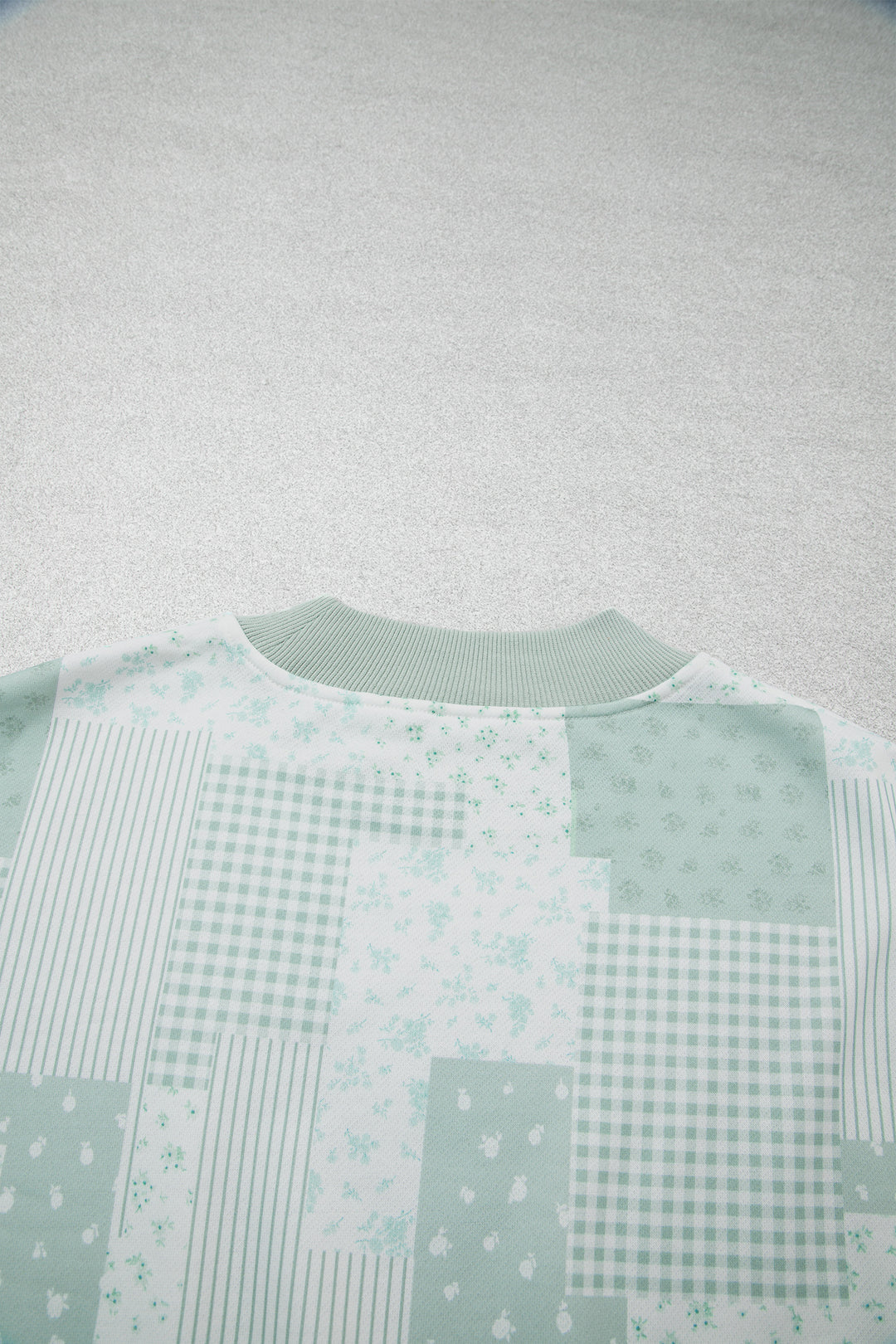Green Patchwork Floral Print Drop Shoulder Baggy Pullover Drawstring Shorts Set
