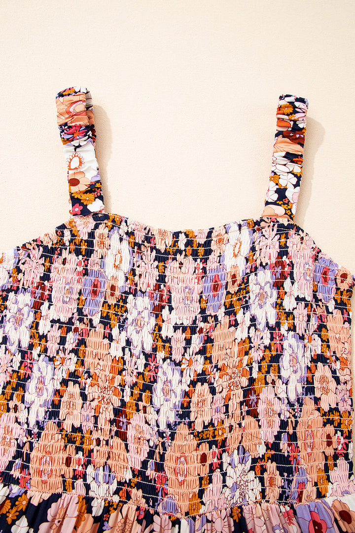 Black Floral Print Smocked High Waist Square Neck Jumpsuit